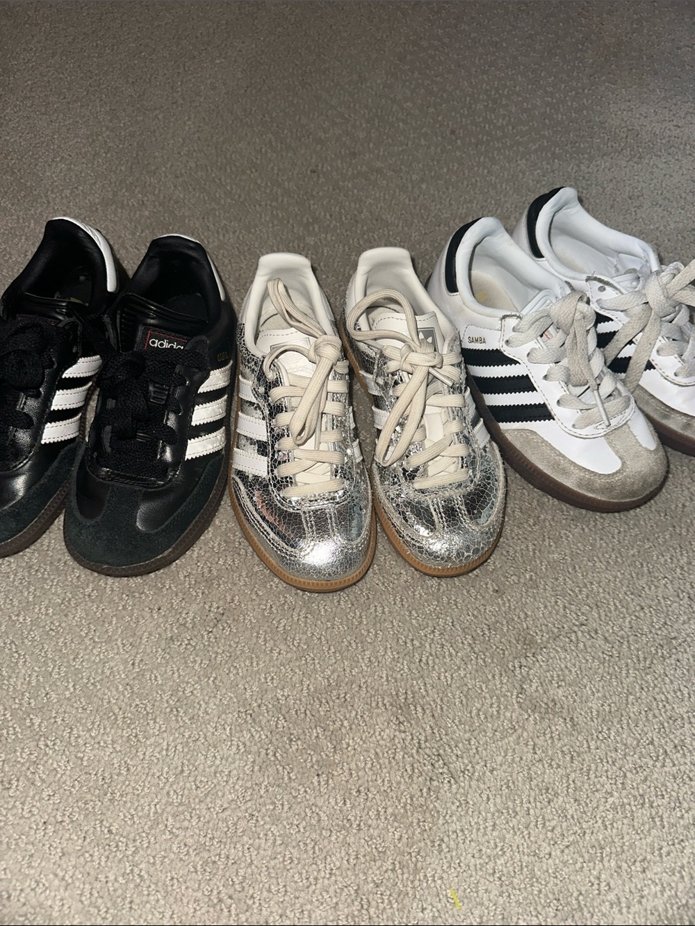 Super cute! (3) adidas Samba toddler Trio - Black, Silver & metallic White
